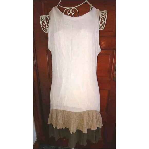 5/$25 EUC Sz Med Adorn Linen Cream/Brown Ruffle Dress Boho Hippie Lined - Picture 1 of 5
